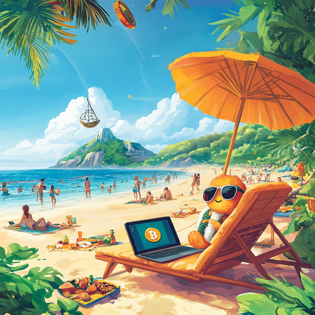 Laid-back Beach Scene with Crypto Wallet and Sushi Character