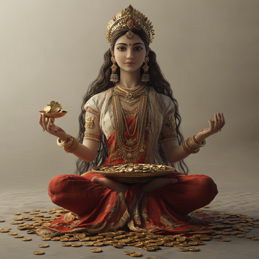 Lakshmi sitting on lotus with golden jewelry