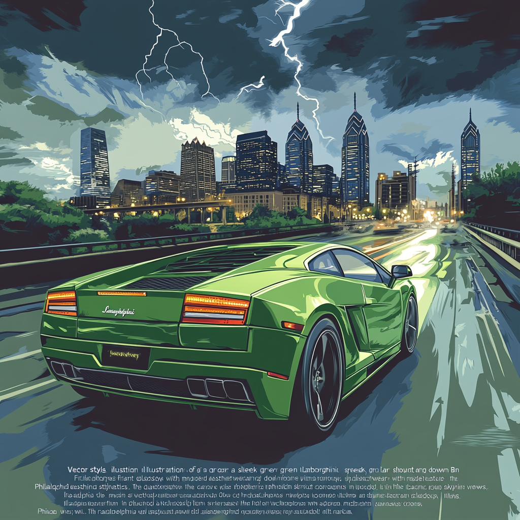 Lamborghini racing in Philadelphia with lightning storm backdrop.