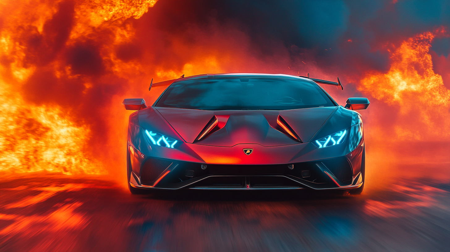 Lamborghini sports car in fiery apocalyptic background