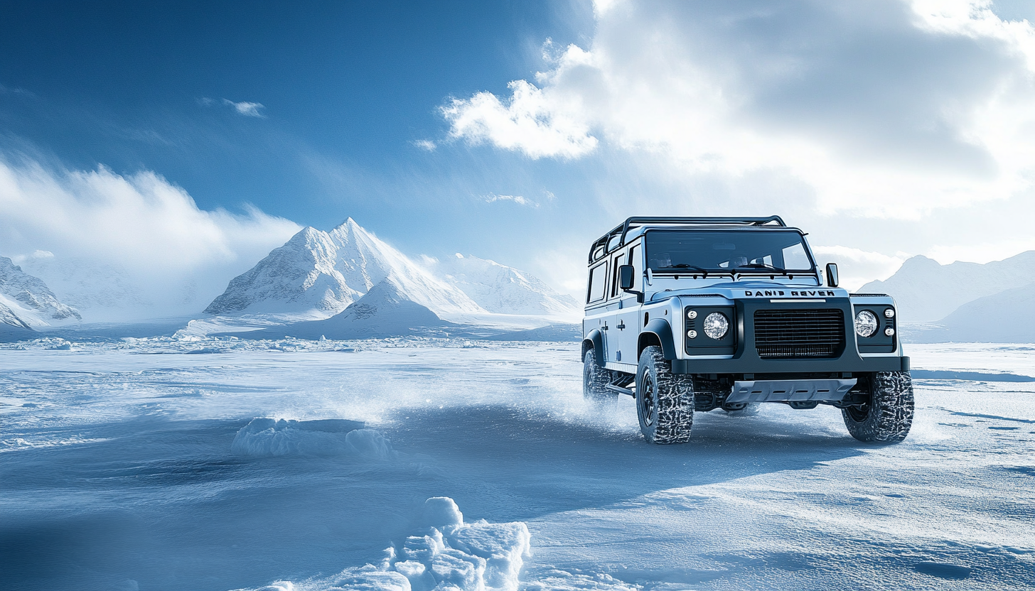 Land Rover Defender in Antarctica, natural light, photorealistic.