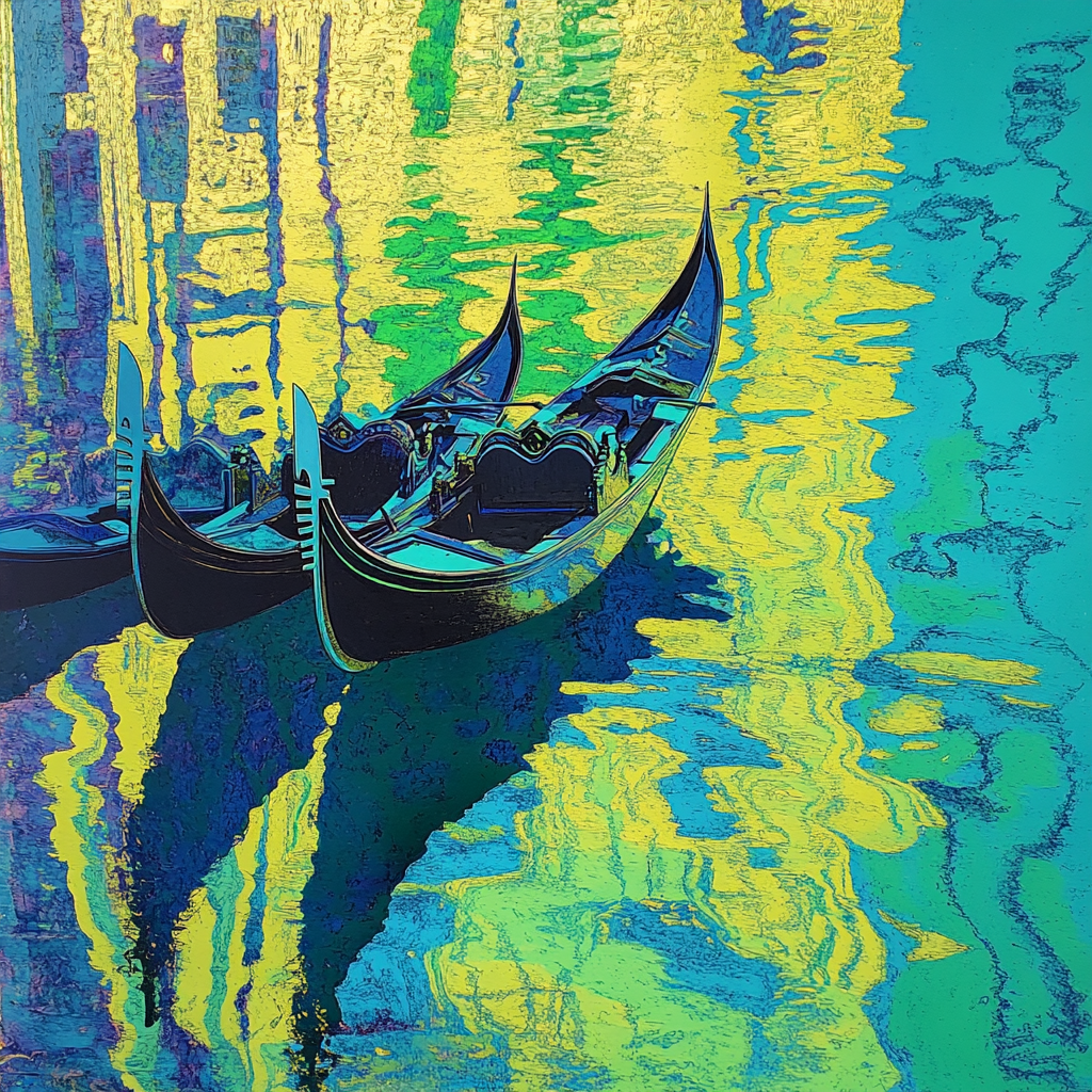 Landscape of gondoliers reflection in Venice waters, bright colors.