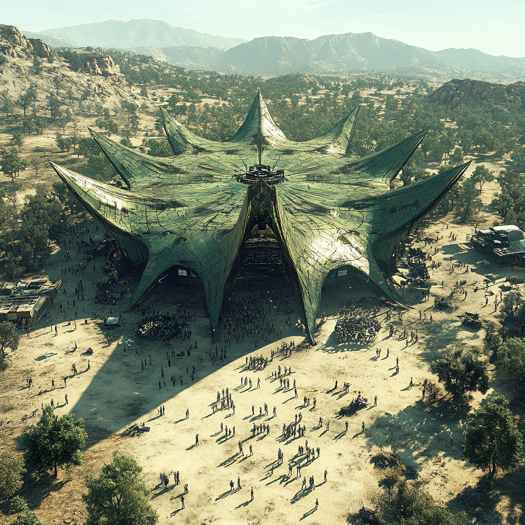 Large, leaf-shaped shade structure at Ozora Festival. 2000 people.