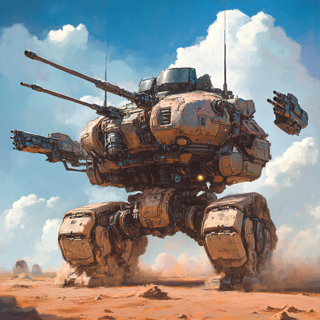 Large, modern mecha-tank with treads, weapons, mechanical arms.