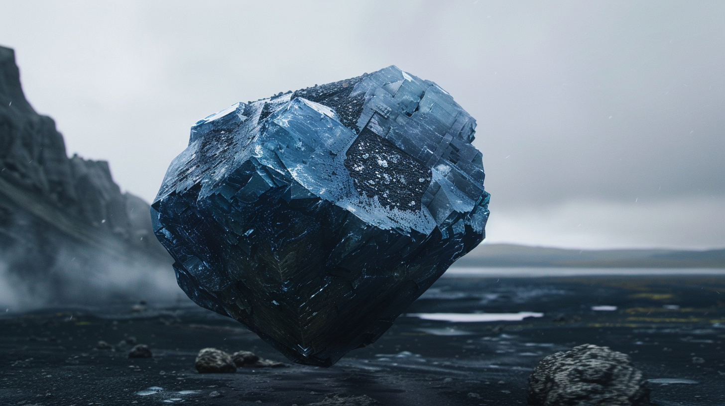 Large Blue Diamond Shaped Rock Falling with Fiery Trail