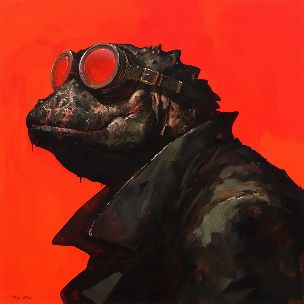 Large Lizardfolk in gas mask, red goggles, scarred skin.