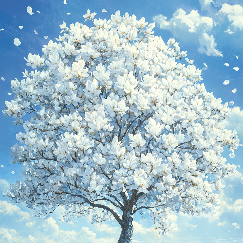 Large Snow-White Tree Full of Magnolia-Like Flowers 