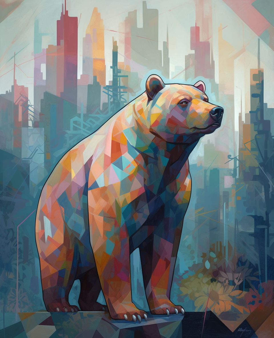 Large bear standing on hind legs in abstract cityscape.