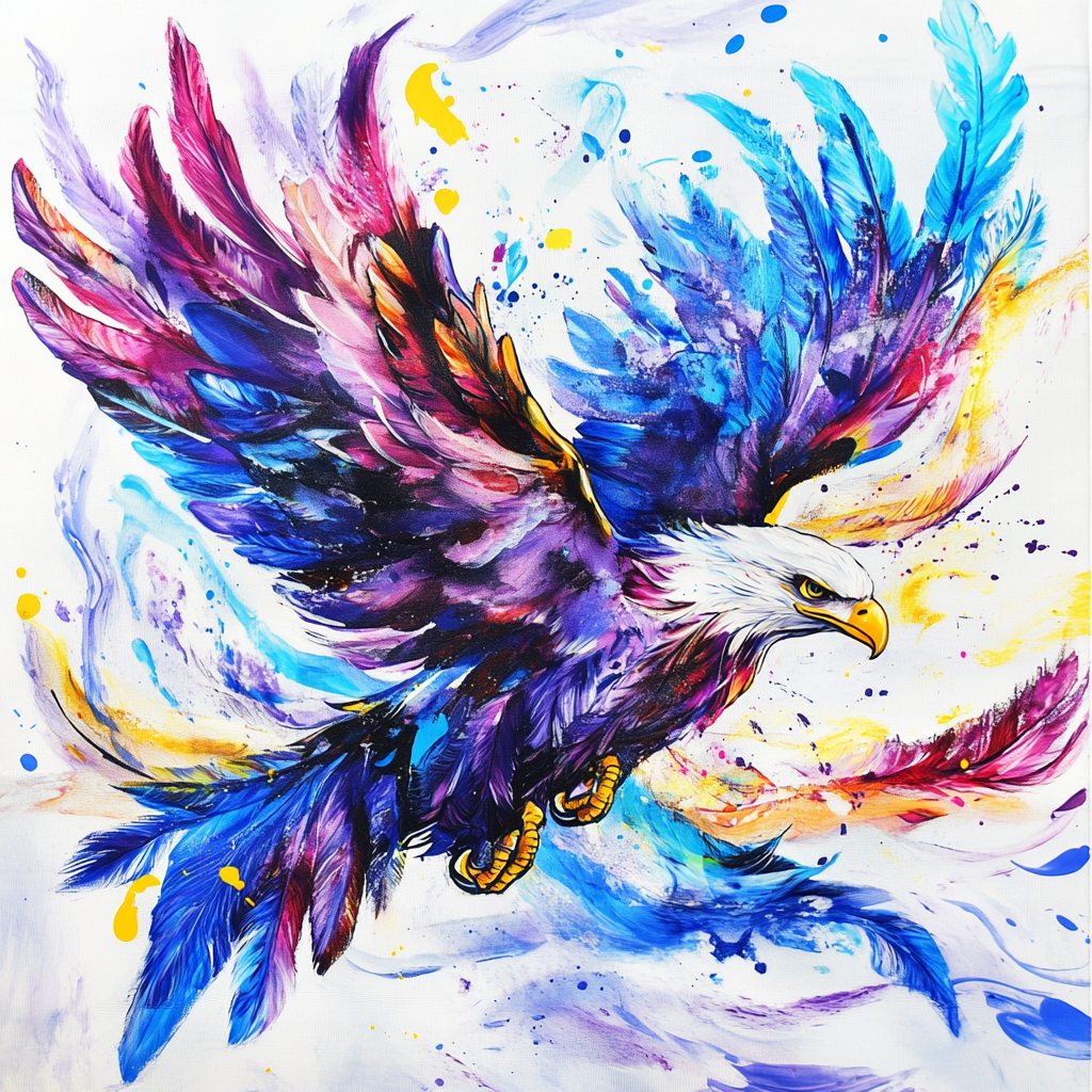 Large bird in flight with falling feathers design.