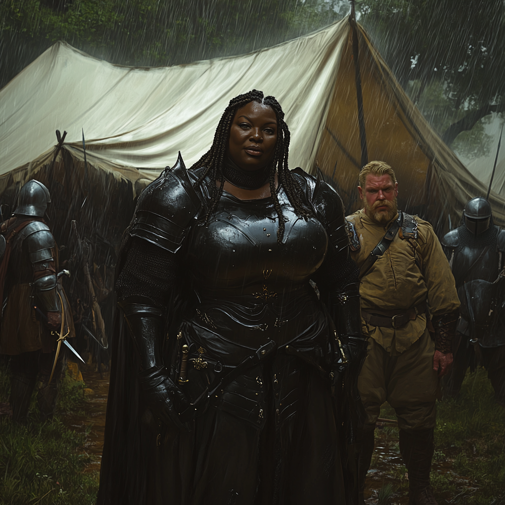 Large black woman in black armor with elf soldier.