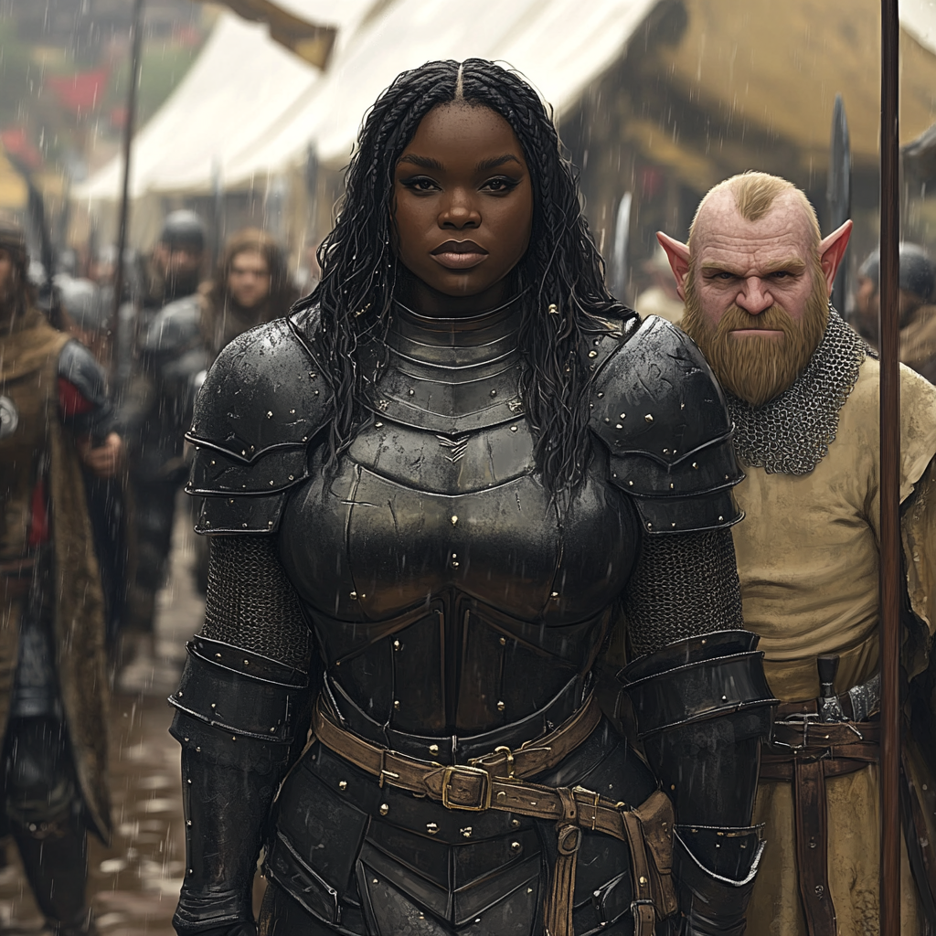 Large black woman in plate armor and gnome in tent.