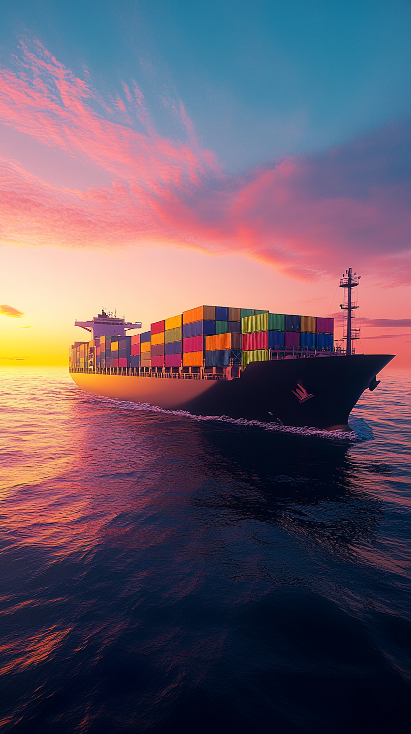 Large cargo ship with colorful containers sailing at sunset.