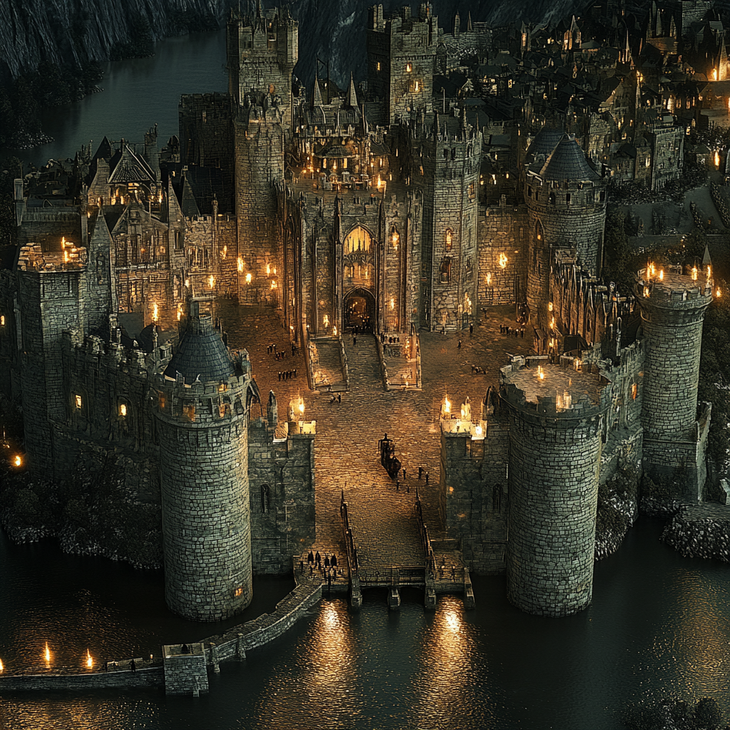 Large castle with moat, guard, Hollywood-style lighting.