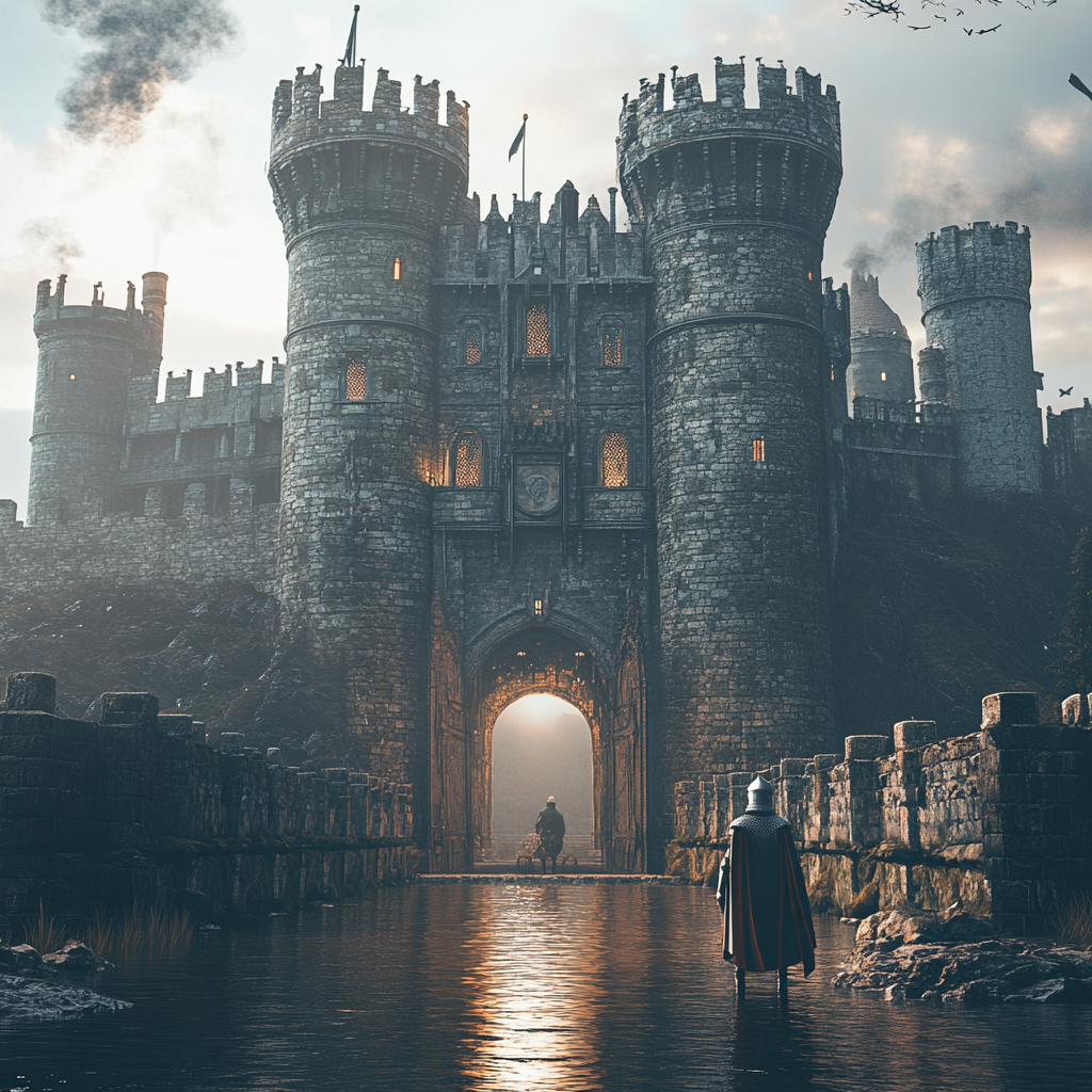 Large castle with moat, guard, bridge, Hollywood-style photo.