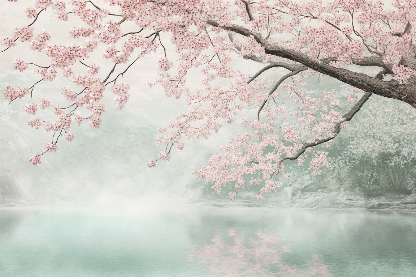 Large cherry blossom tree mural in serene setting.