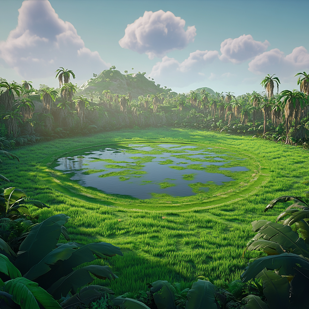 Large circular track covered in grass and swamp.