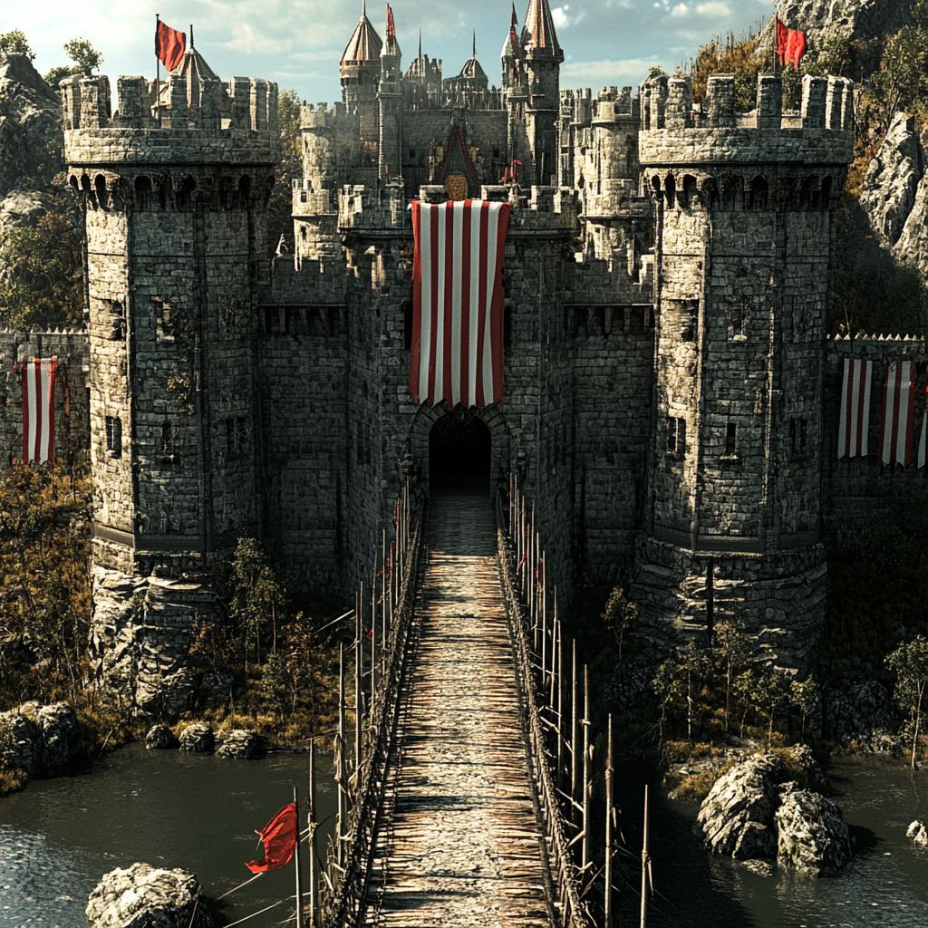 Large core castle with moat, bridge, sharp stakes, barrier.