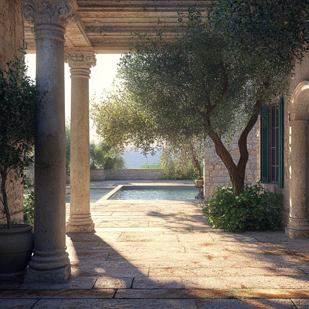 Large courtyard in old Sicilian villa with swimming pool.