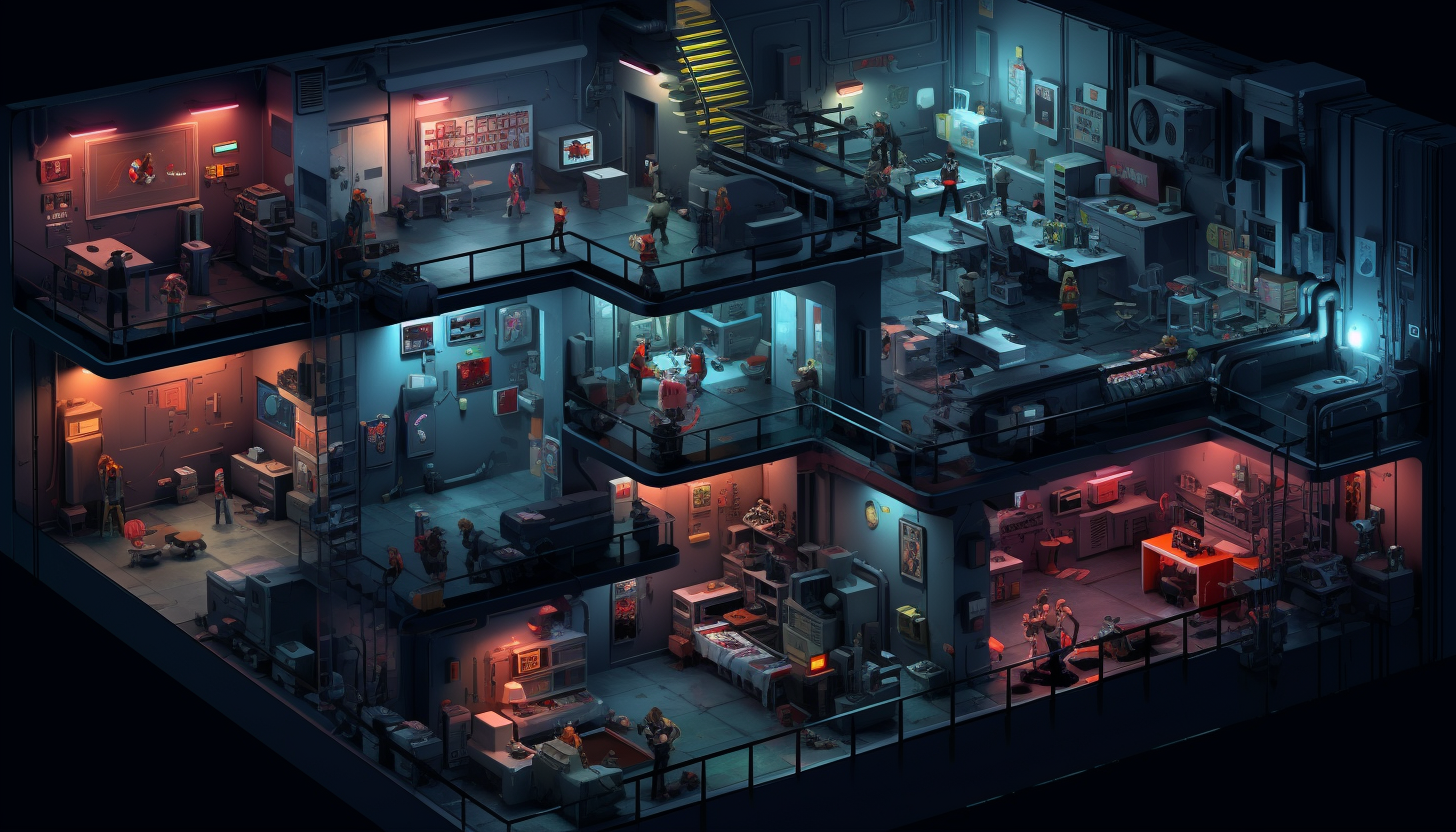 Isometric pixelated cyberpunk hacker lab image.