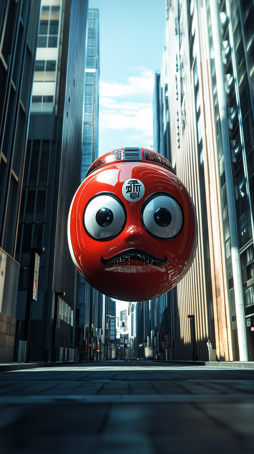 Large daruma yokai, floating among high-rise buildings, gazing solemnly.