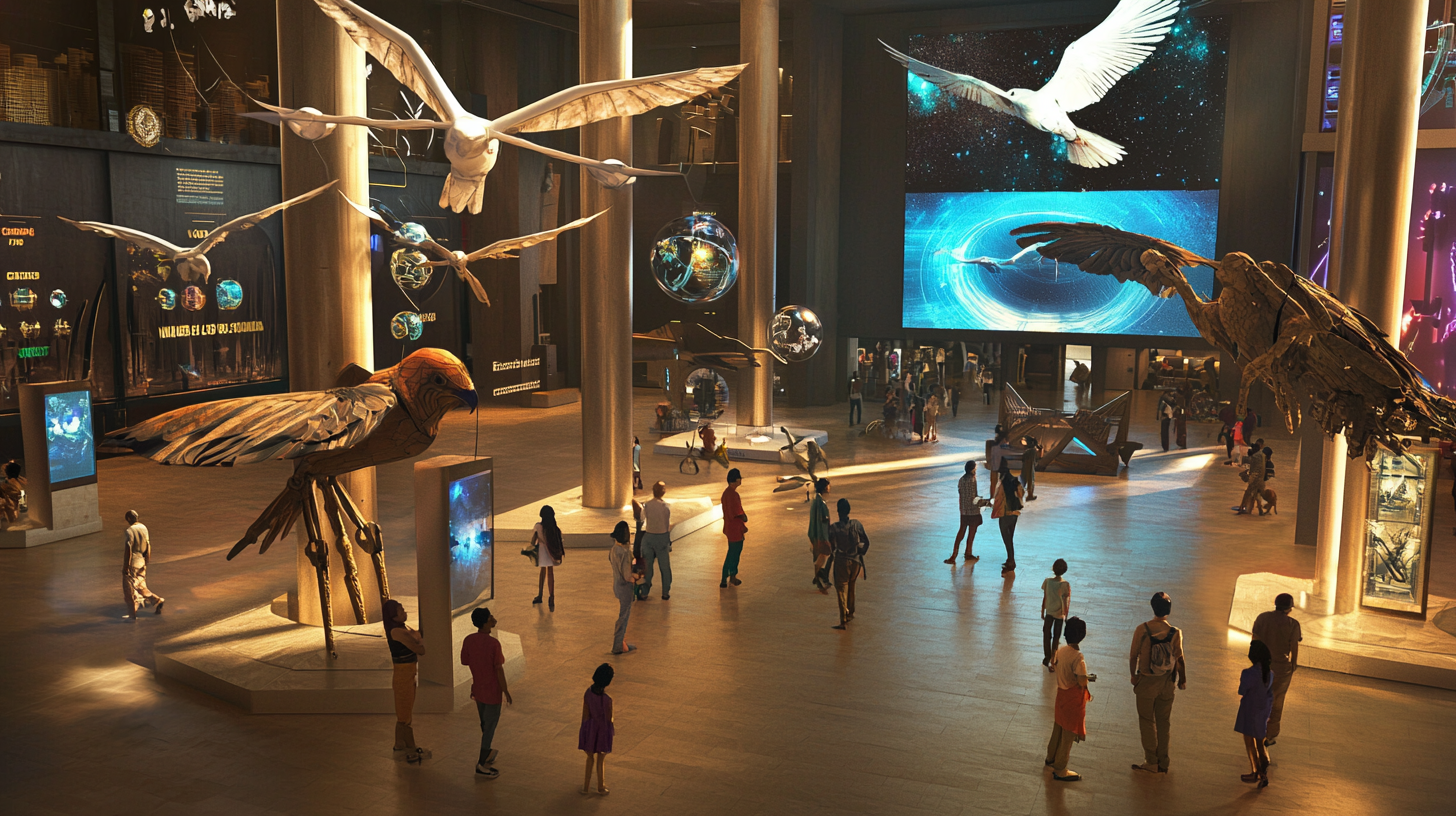 Large floor, modern museum, Indian people, futuristic holograms.