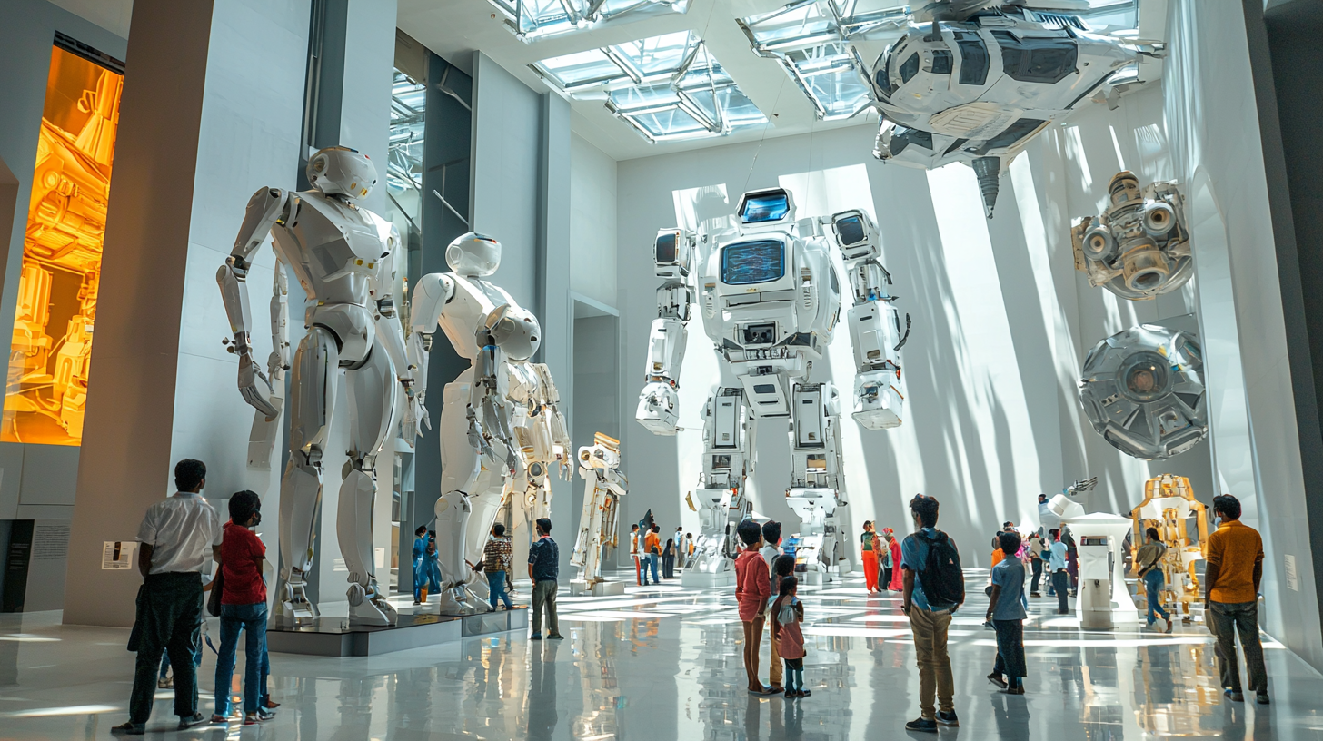 Large floor in modern science museum with Indian people.