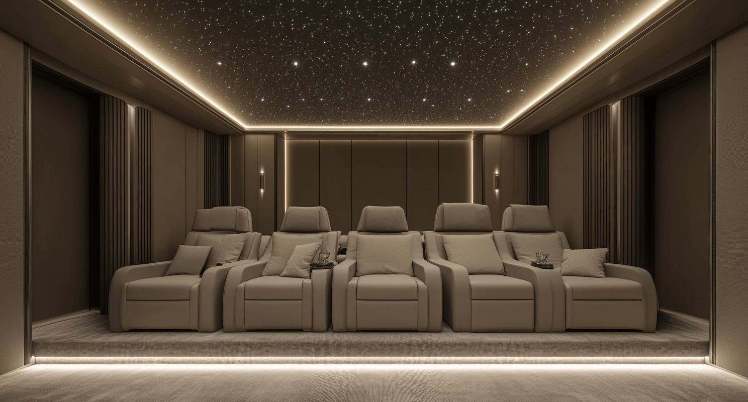 Large home cinema room with starry LED lighting.