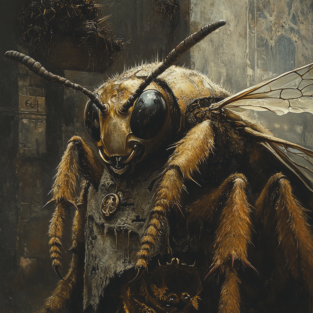 Large hornet in tunic, nest backdrop, realistic fantasy portrait.