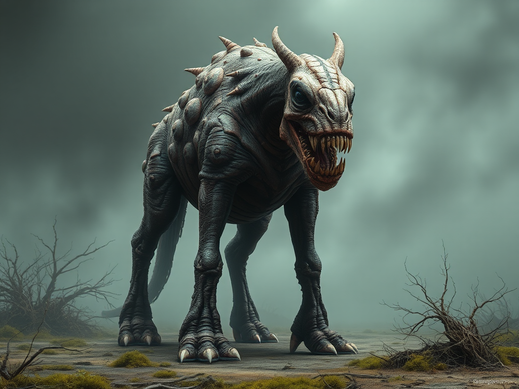 Large horse-like creature with bulging muscles and sharp teeth.