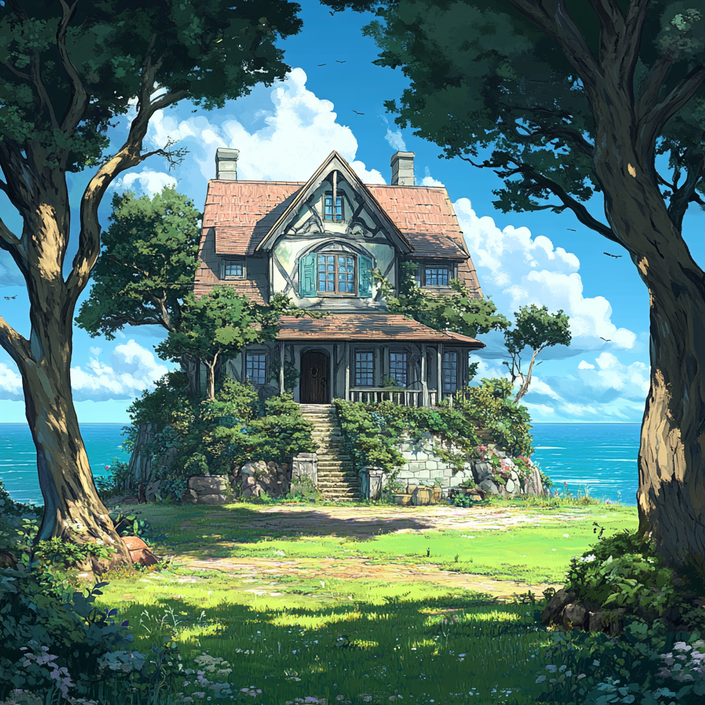 Large house in Studio Ghibli style with ocean view