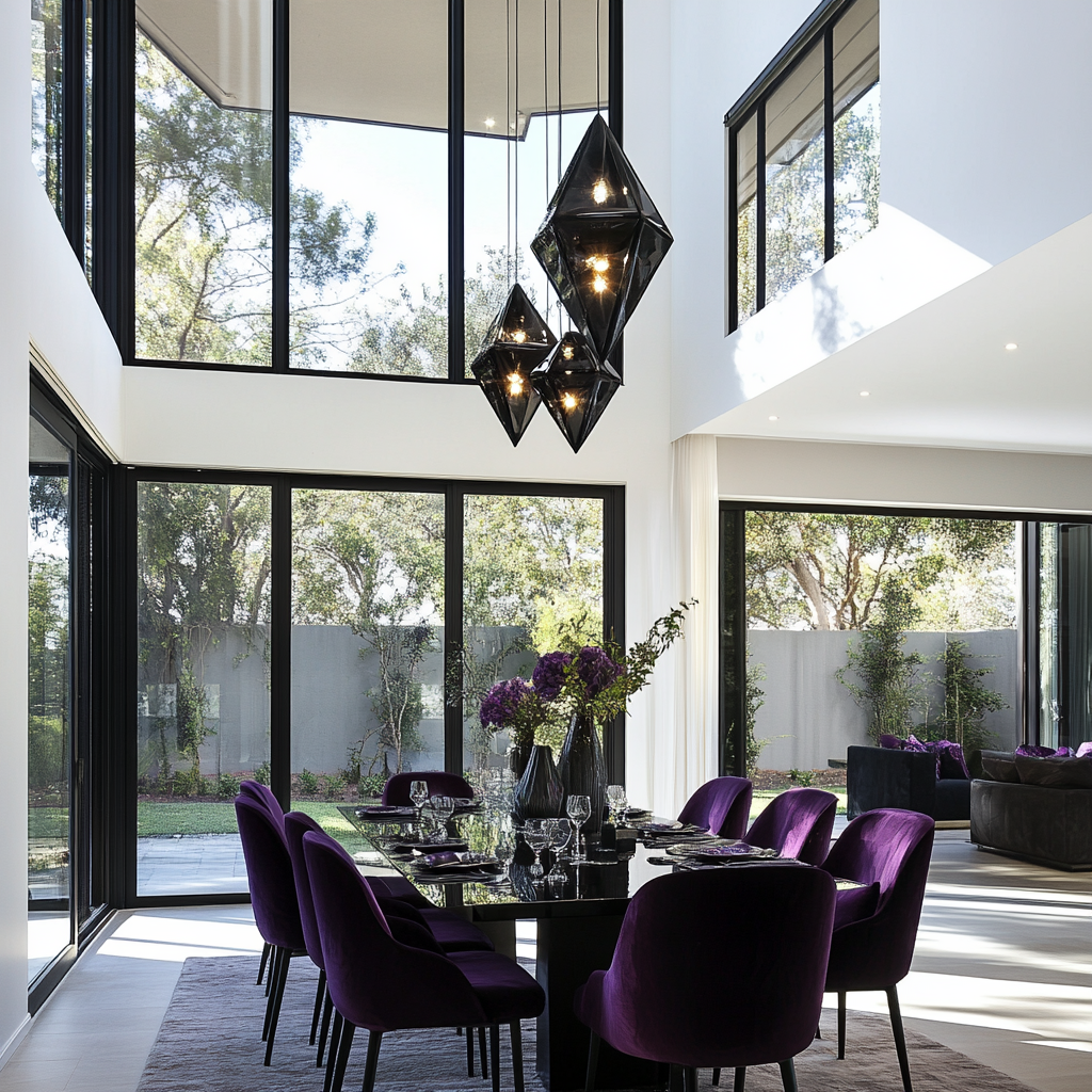 Large luxury dining room with black, white, purple accents.