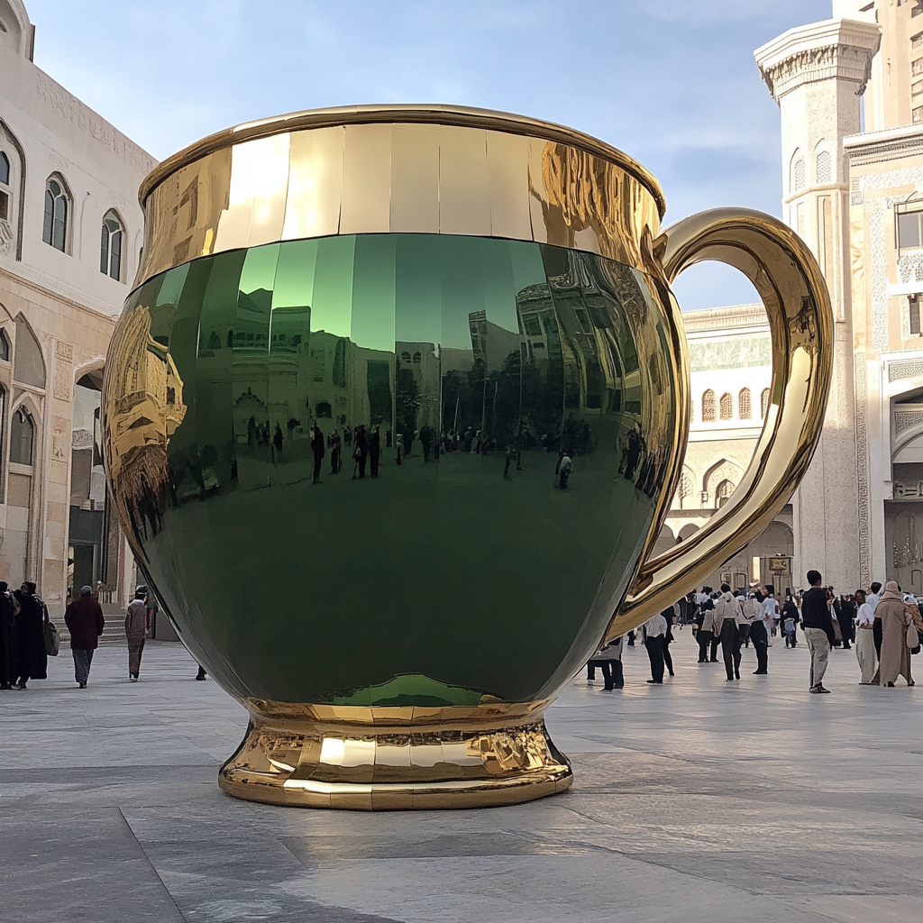 Large olive green, gold, and beige Arabic coffee mug sculpture.