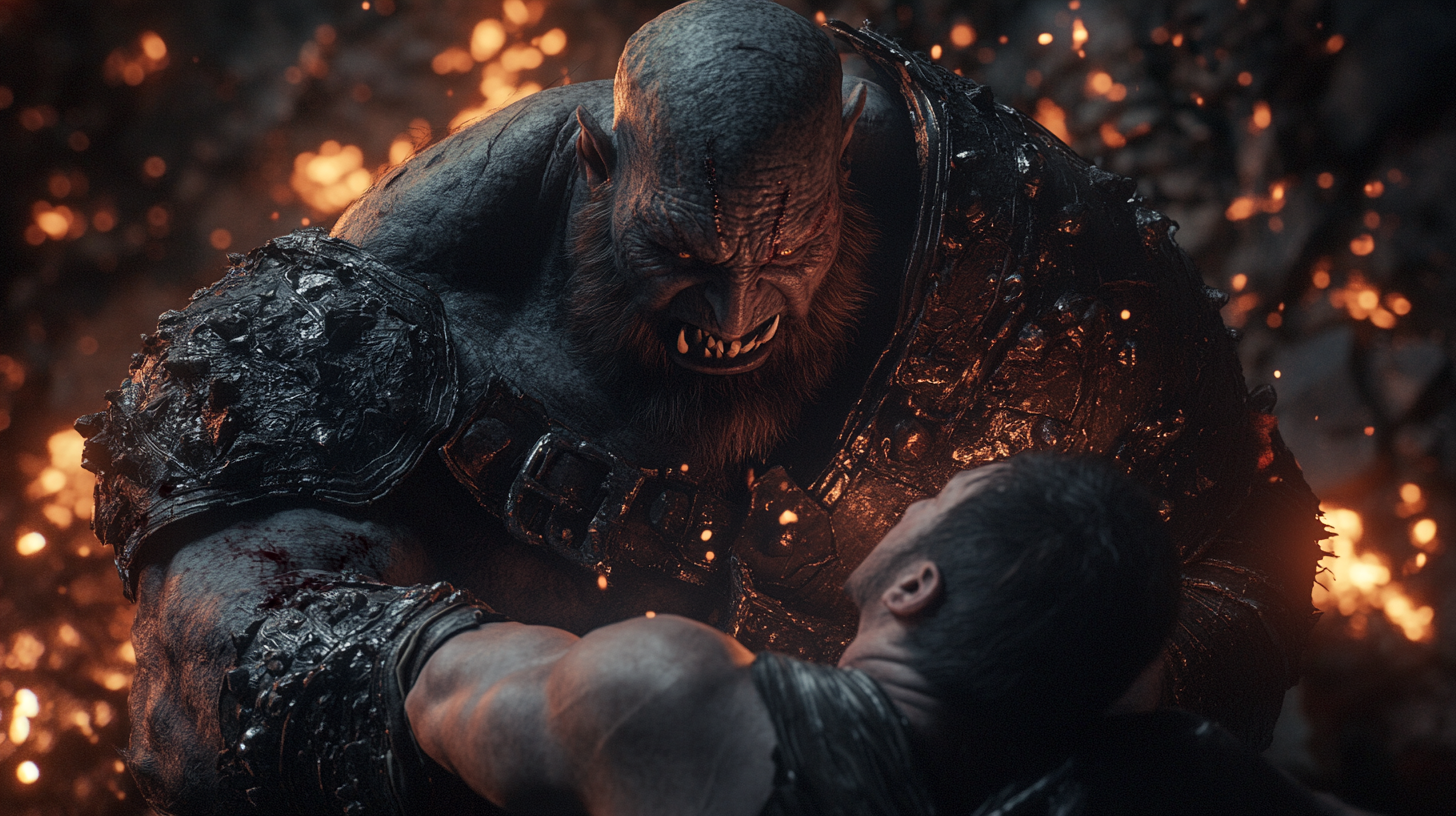 Large orc headlocking man with epic action in dark fantasy.