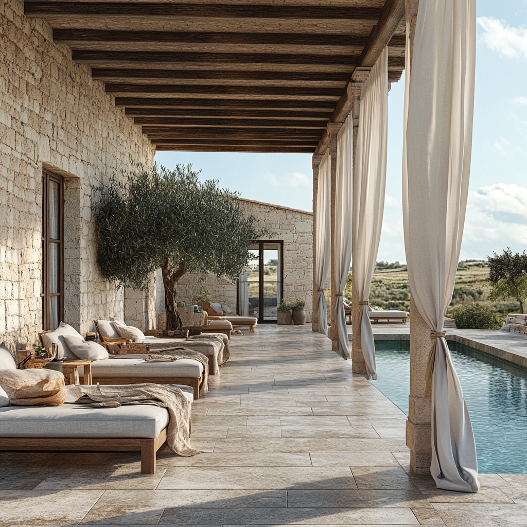 Large patio in Sicily with swimming pool and olive trees.