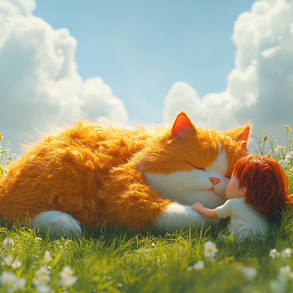 Large red cat, child with red hair cuddling.