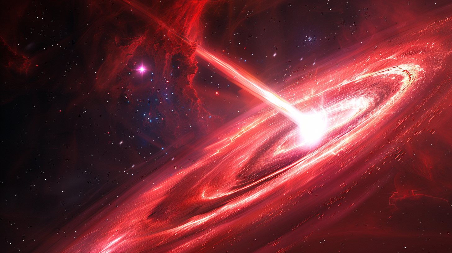 Large red star transfers matter to white dwarf. Bright accretion disk forms, shoots intense light beams.