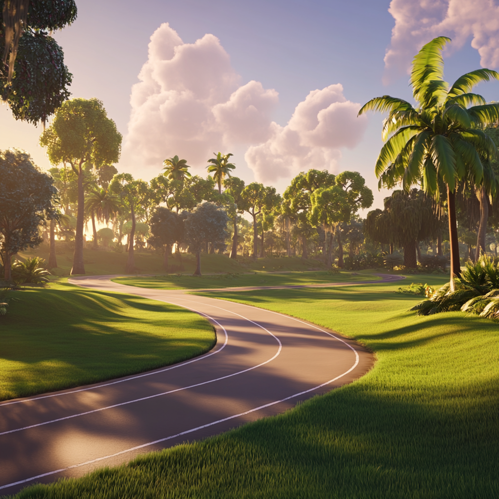 Large round track with green grass, palm and oak trees, styled like Fortnite.