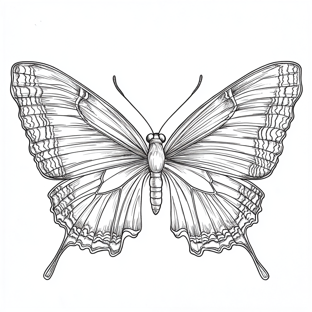 Large scale butterfly coloring page with chitin layers, detailed.