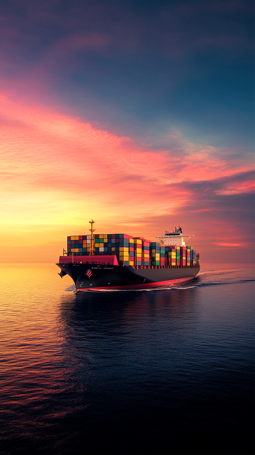 Large ship carrying colorful shipping containers on calm ocean.