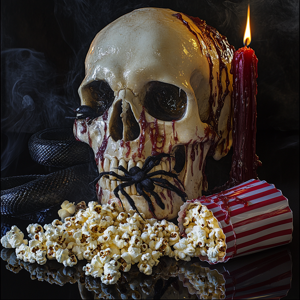 Large skeleton head with black snake, spider, candles, popcorn.