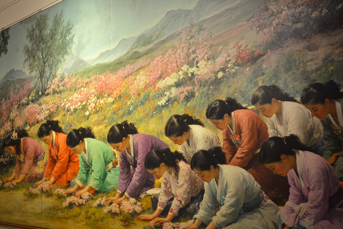 Large socialist realism painting, Korean women, bowing to Kim.