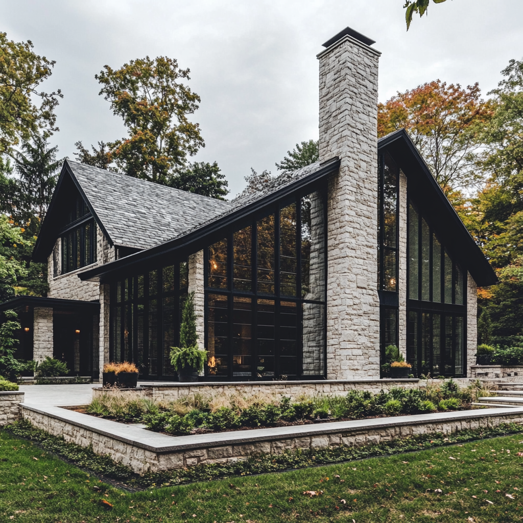 Large stone house with gradient stones, beautiful gardens.