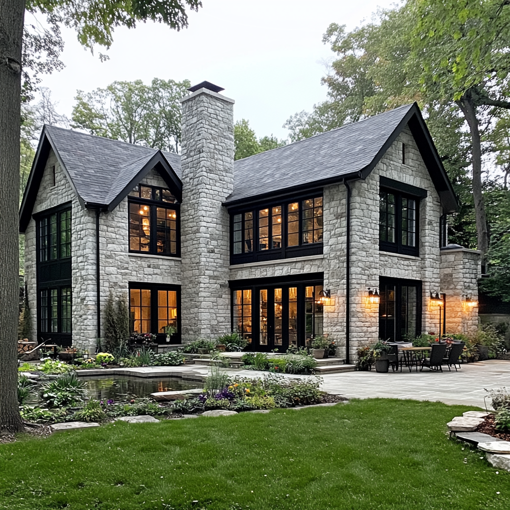 Large stone house with gradient stones, lush gardens, pond.