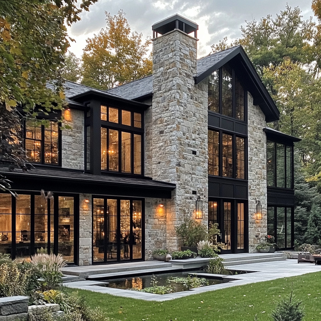 Large stone house with gradient stones, lush yard.