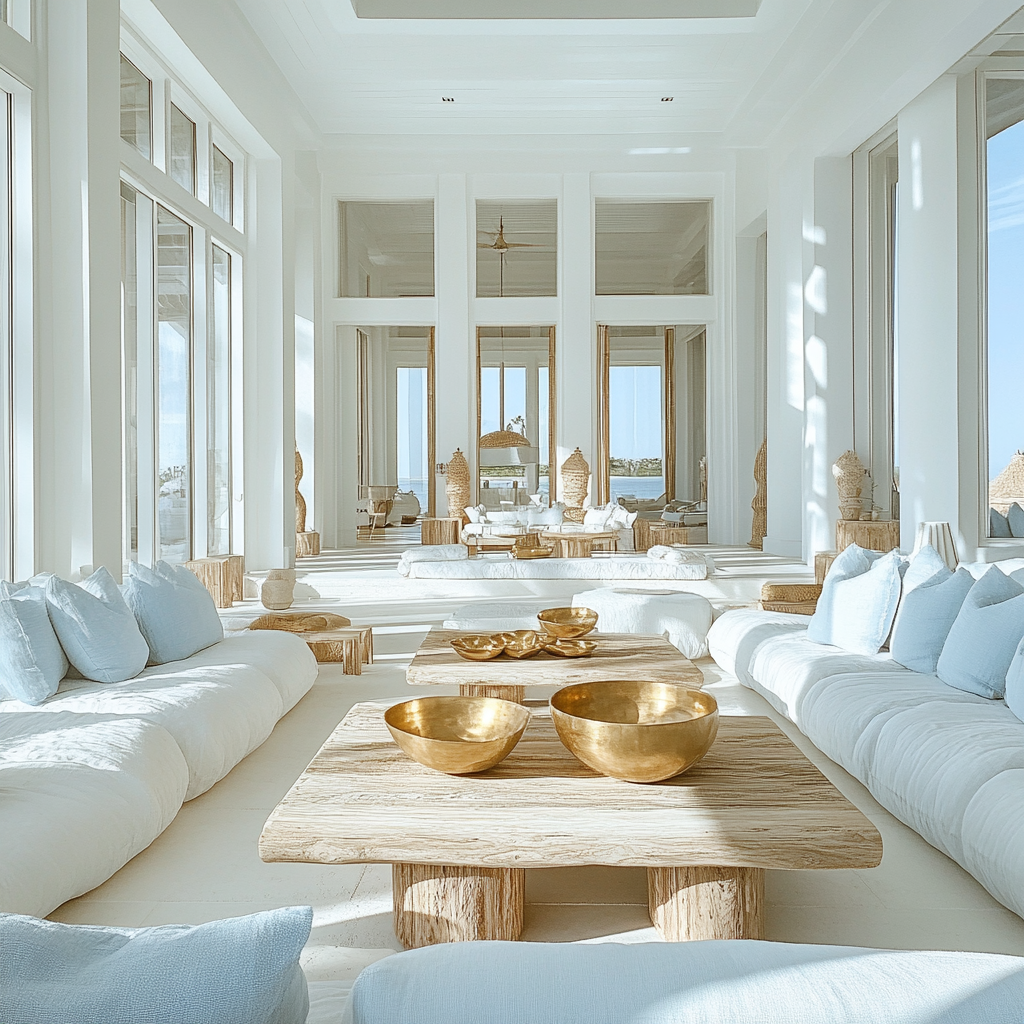 Large sun lit room with white furniture and blue accents.