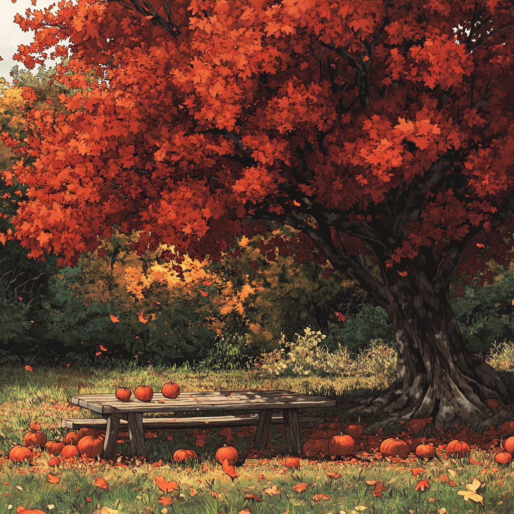 Large tree with vivid red and orange foliage.