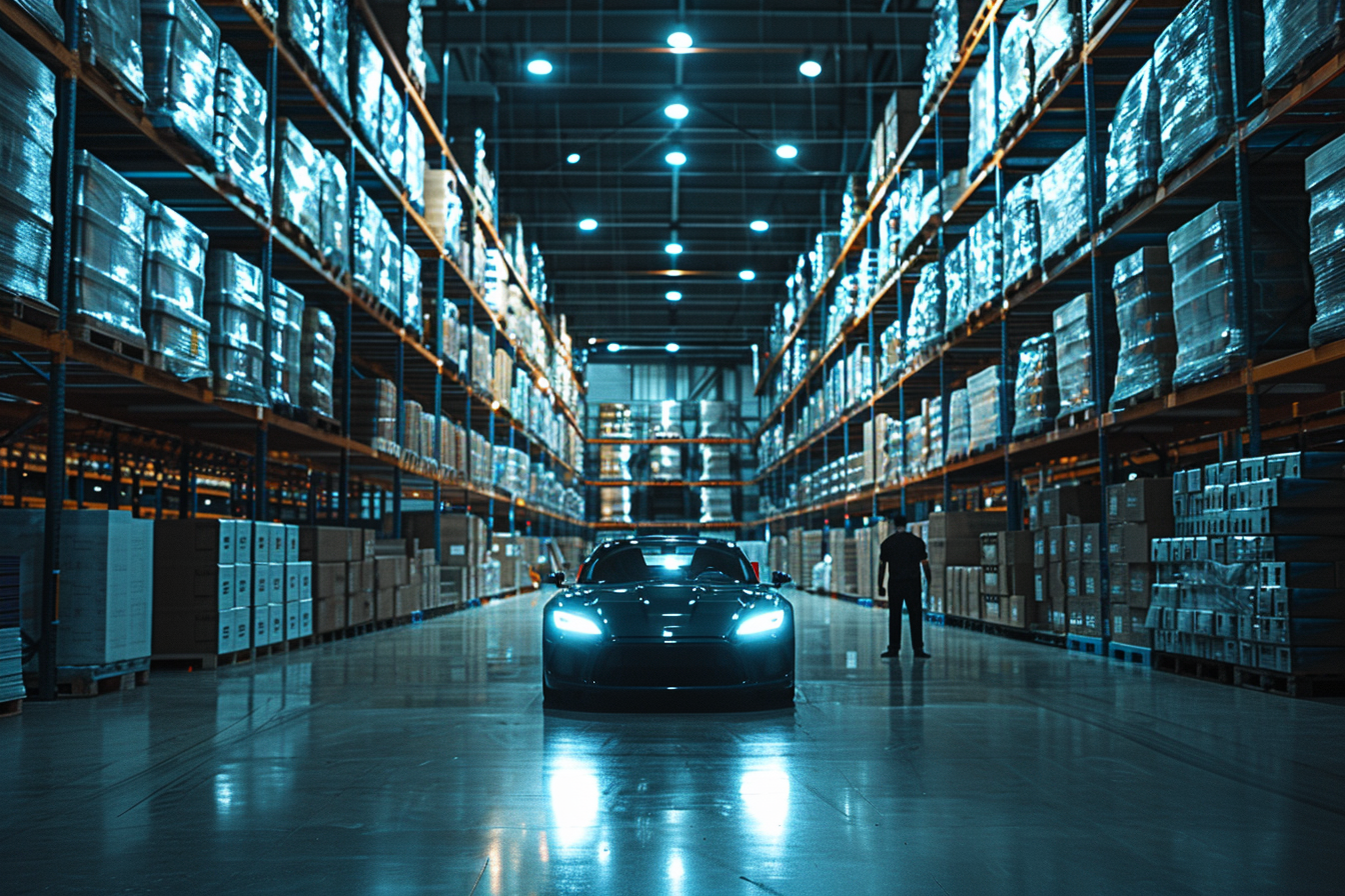 Large warehouse with boxes, car, person, night light.