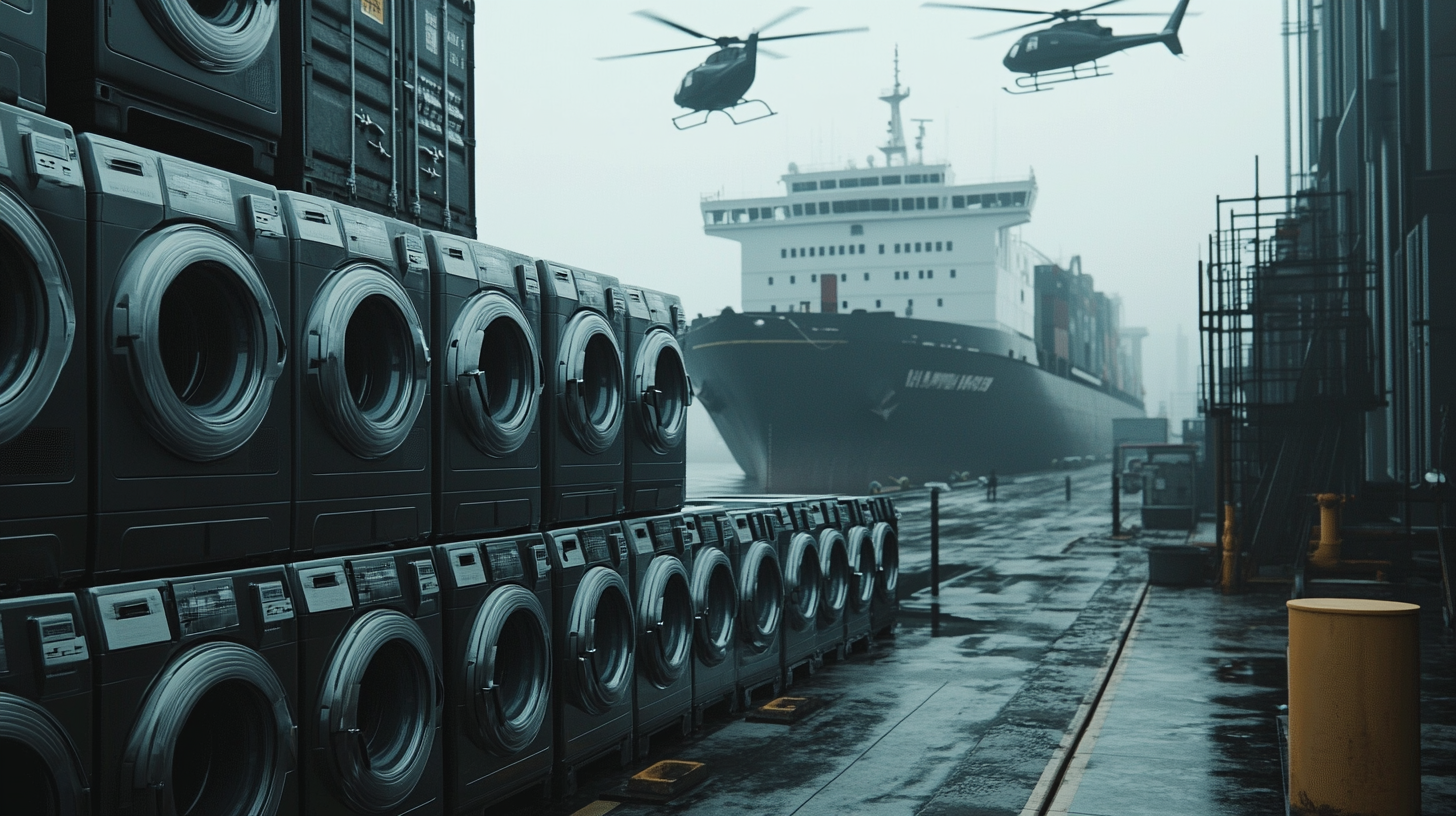 Large washing machines stacked at NY dock.