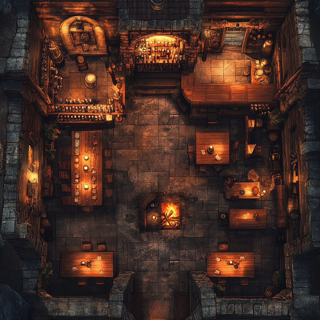 Large waterdeep tavern with stocked bar bottles, fireplace, cellar.