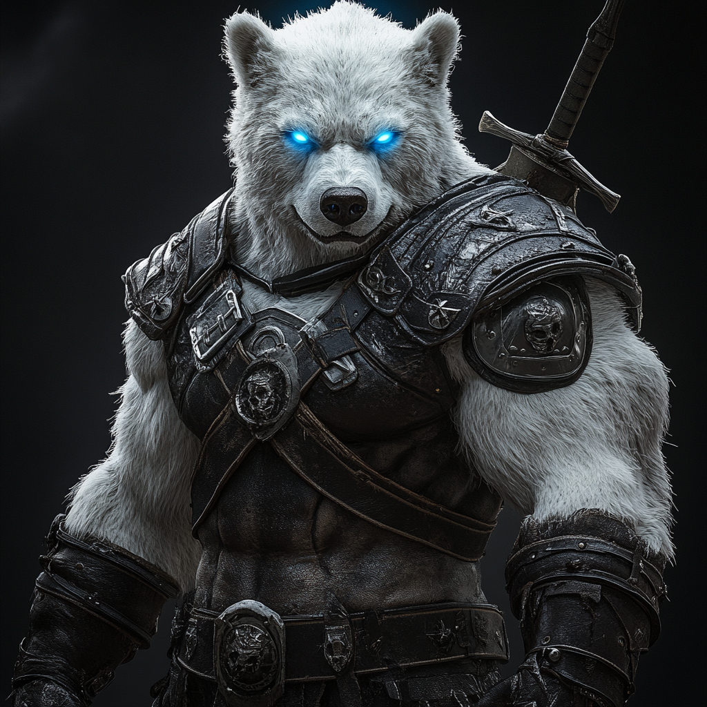 Large werebear in ranger armor with bow, sword, shield